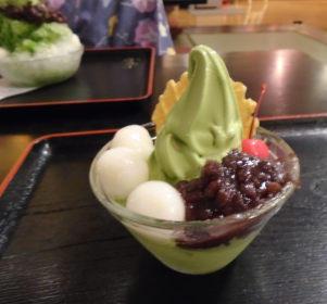 Mochi balls, azuki beans, ice cream & wafer